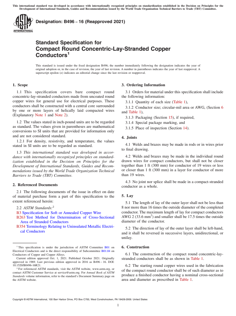 ASTM B496-16(2021) - Standard Specification for Compact Round Concentric-Lay-Stranded Copper Conductors