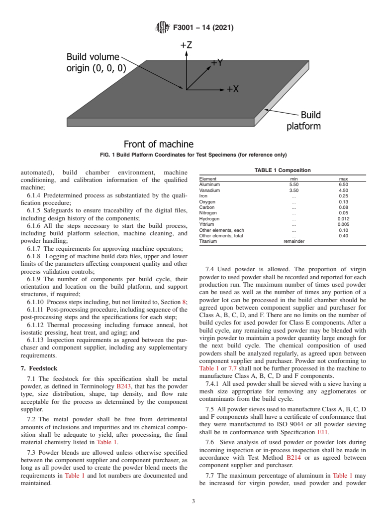 ASTM F3001-14(2021) - Standard Specification for Additive Manufacturing Titanium-6 Aluminum-4 Vanadium ELI (Extra  Low Interstitial) with Powder Bed Fusion