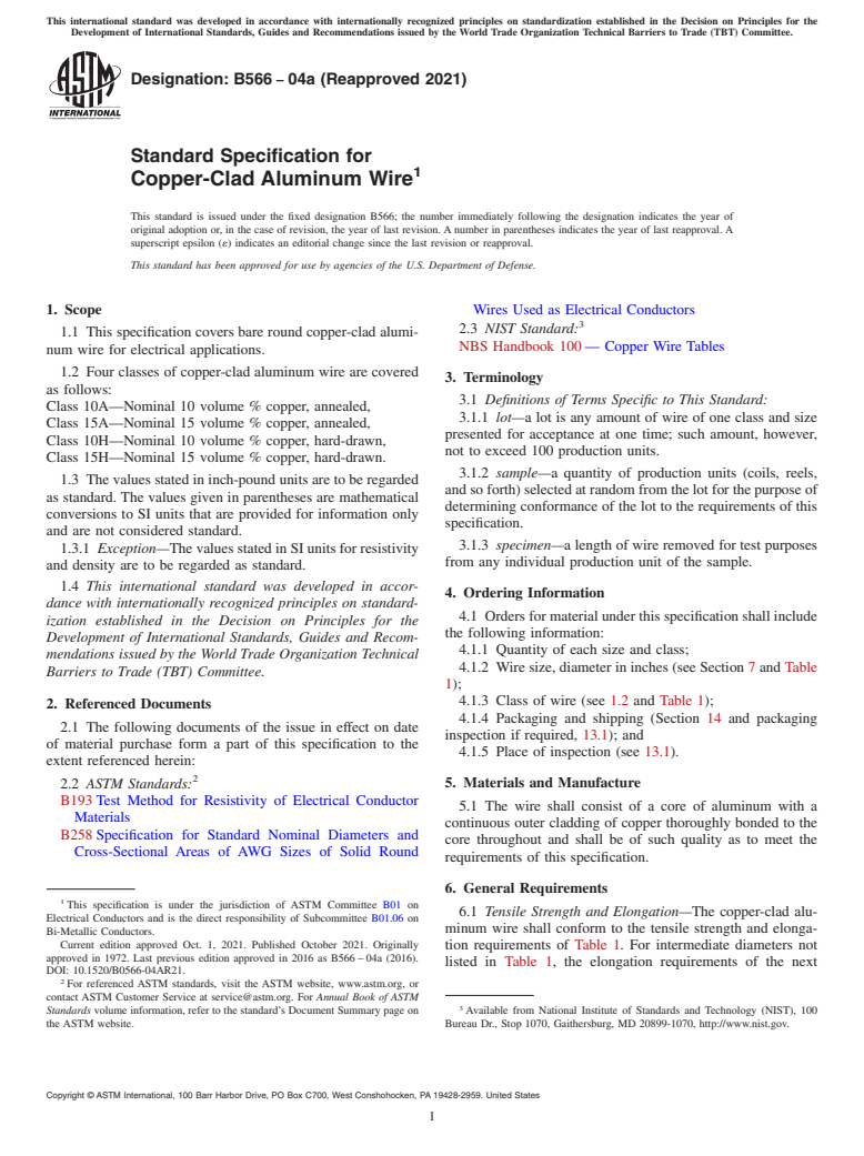 ASTM B566-04a(2021) - Standard Specification for Copper-Clad Aluminum Wire