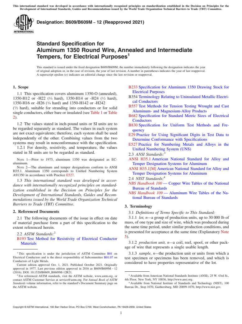 ASTM B609/B609M-12(2021) - Standard Specification for Aluminum 1350 Round Wire, Annealed and Intermediate Tempers,  for Electrical Purposes