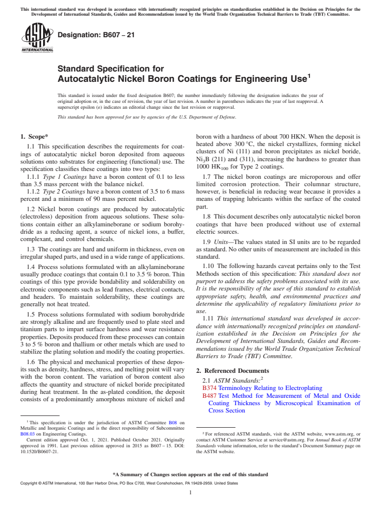 ASTM B607-21 - Standard Specification for  Autocatalytic Nickel Boron Coatings for Engineering Use
