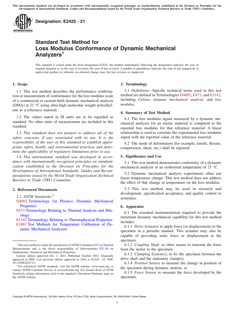 ASTM E2425-21 - Standard Test Method for  Loss Modulus Conformance of Dynamic Mechanical Analyzers
