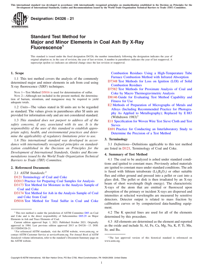 ASTM D4326-21 - Standard Test Method for  Major and Minor Elements in Coal Ash By X-Ray Fluorescence