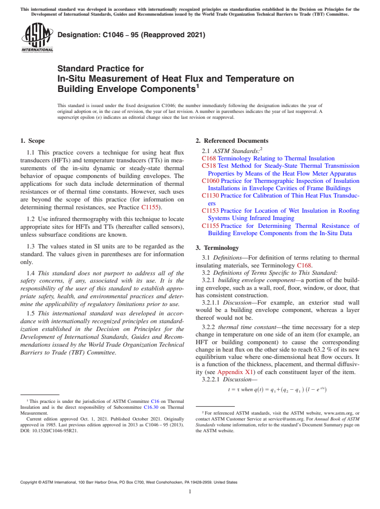 ASTM C1046-95(2021) - Standard Practice for  In-Situ Measurement of Heat Flux and Temperature on Building  Envelope Components