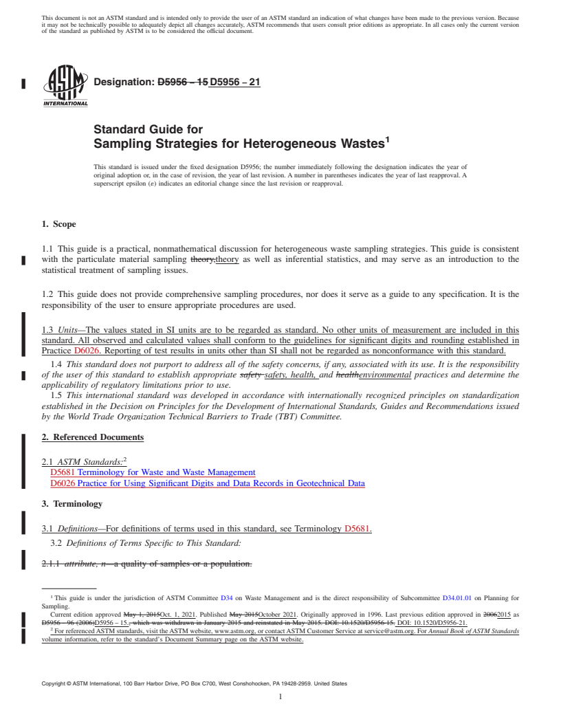 REDLINE ASTM D5956-21 - Standard Guide for Sampling Strategies for Heterogeneous Wastes