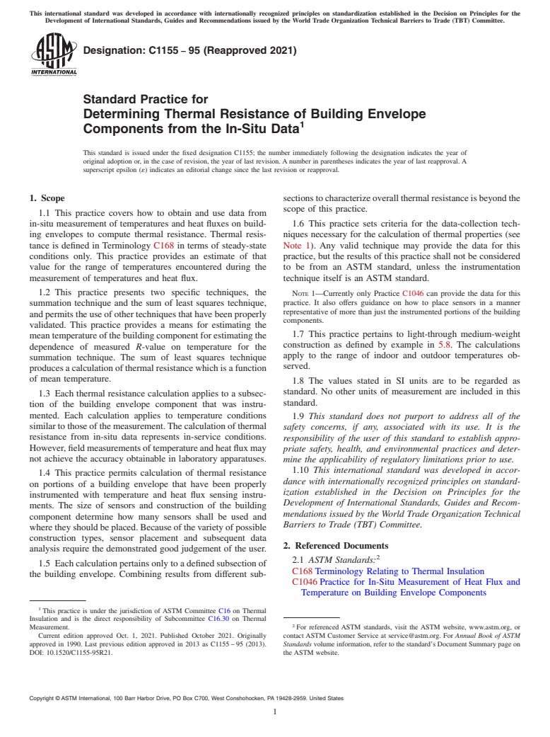 ASTM C1155-95(2021) - Standard Practice for  Determining Thermal Resistance of Building Envelope Components  from the In-Situ Data