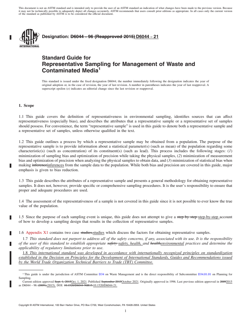 REDLINE ASTM D6044-21 - Standard Guide for Representative Sampling for Management of Waste and Contaminated  Media