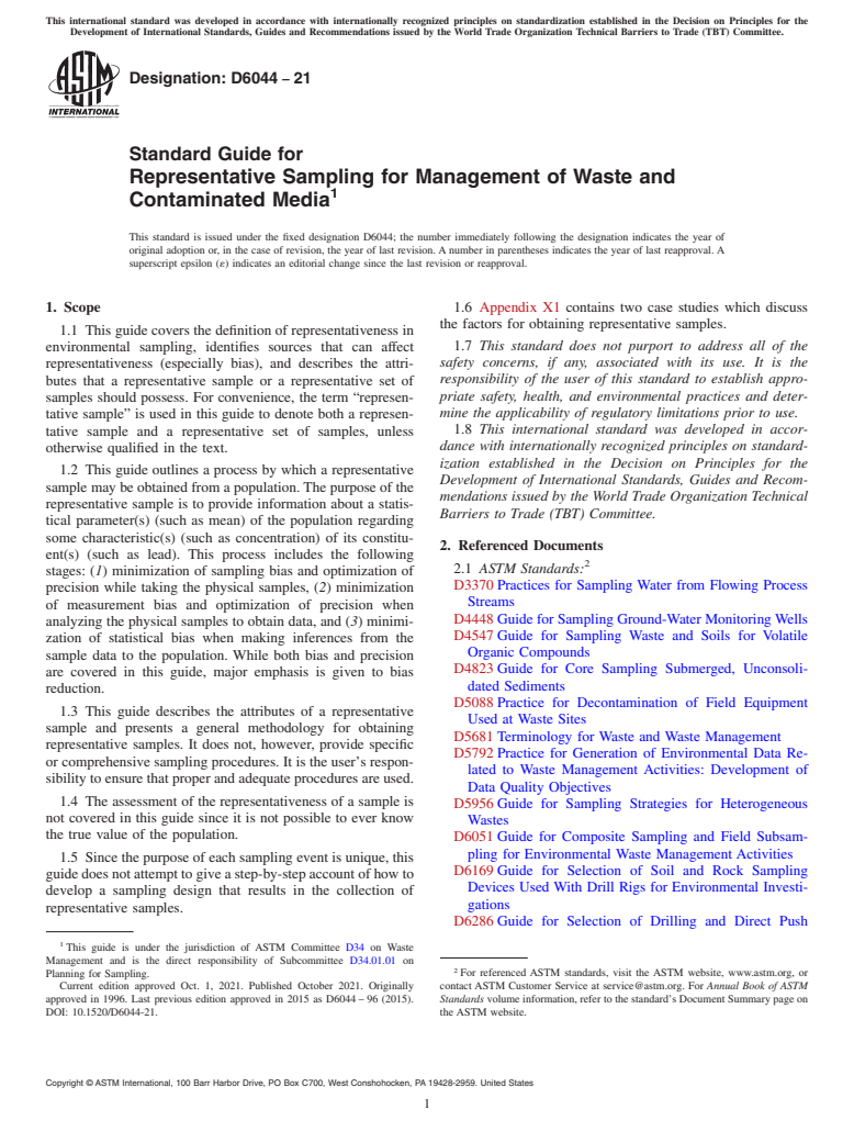 ASTM D6044-21 - Standard Guide for Representative Sampling for Management of Waste and Contaminated  Media