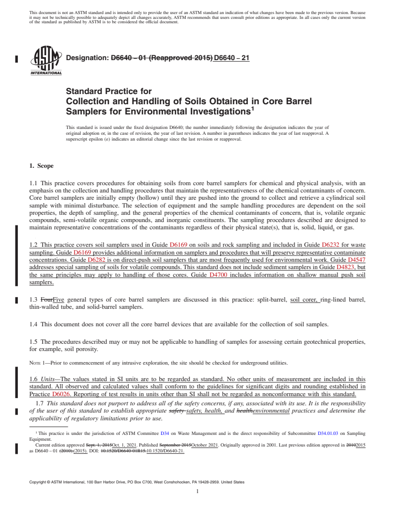 REDLINE ASTM D6640-21 - Standard Practice for Collection and Handling of Soils Obtained in Core Barrel Samplers  for Environmental Investigations