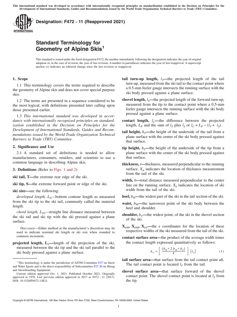 ASTM F472-11(2021) - Standard Terminology for  Geometry of Alpine Skis