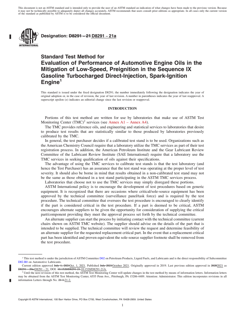REDLINE ASTM D8291-21a - Standard Test Method for Evaluation of Performance of Automotive Engine Oils in the  Mitigation of Low-Speed, Preignition in the Sequence IX Gasoline Turbocharged  Direct-Injection, Spark-Ignition Engine