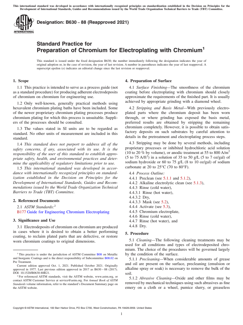 ASTM B630-88(2021) - Standard Practice for  Preparation of Chromium for Electroplating with Chromium
