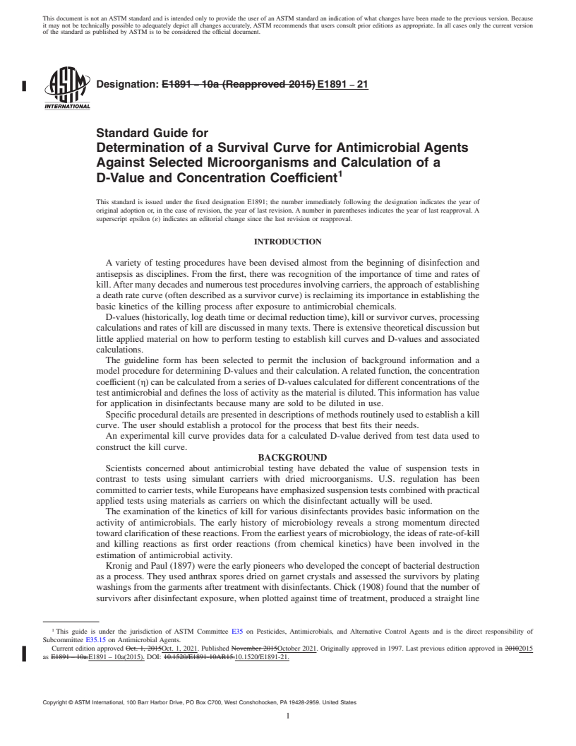 REDLINE ASTM E1891-21 - Standard Guide for Determination of a Survival Curve for Antimicrobial Agents  Against Selected Microorganisms and Calculation of a D-Value and Concentration  Coefficient