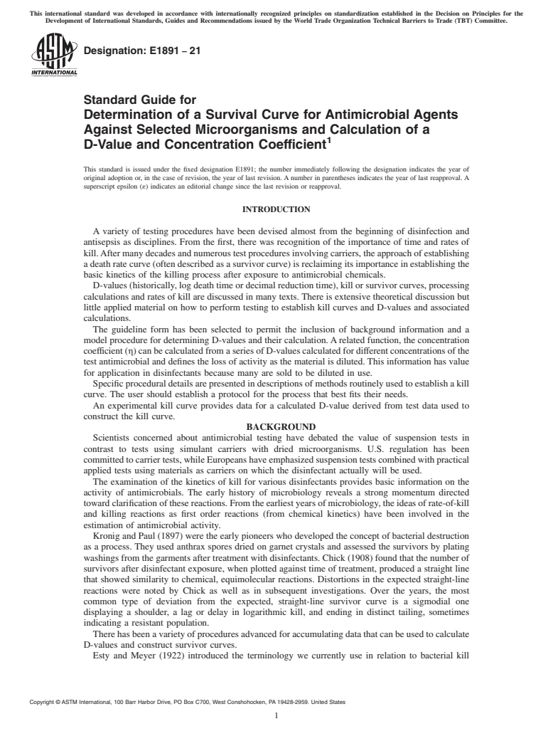 ASTM E1891-21 - Standard Guide for Determination of a Survival Curve for Antimicrobial Agents  Against Selected Microorganisms and Calculation of a D-Value and Concentration  Coefficient