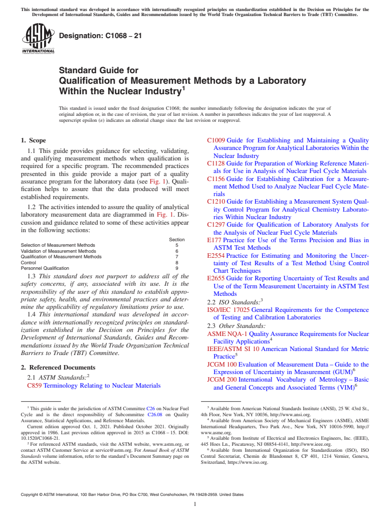 ASTM C1068-21 - Standard Guide for  Qualification of Measurement Methods by a Laboratory Within  the Nuclear Industry