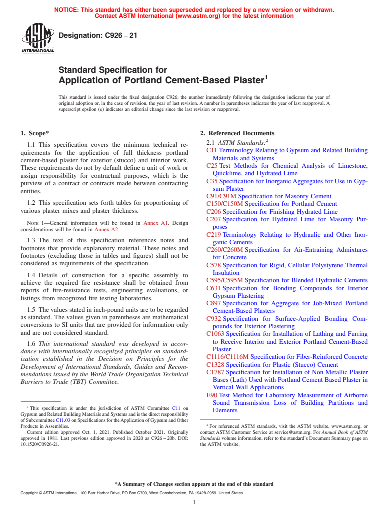 ASTM C926-21 - Standard Specification for  Application of Portland Cement-Based Plaster