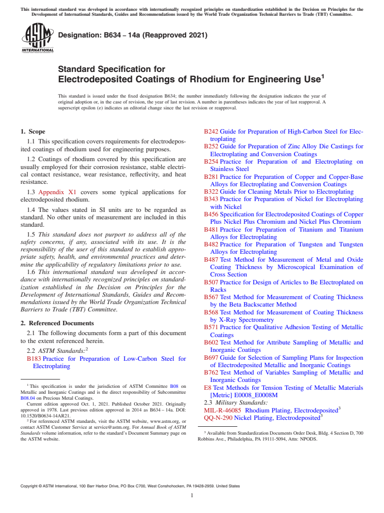 ASTM B634-14a(2021) - Standard Specification for  Electrodeposited Coatings of Rhodium for Engineering Use