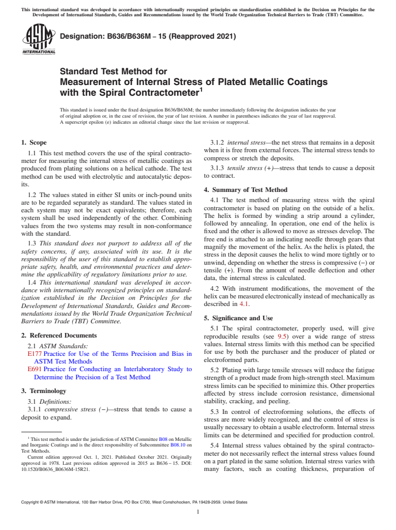 ASTM B636/B636M-15(2021) - Standard Test Method for  Measurement of Internal Stress of Plated Metallic Coatings   with the Spiral Contractometer