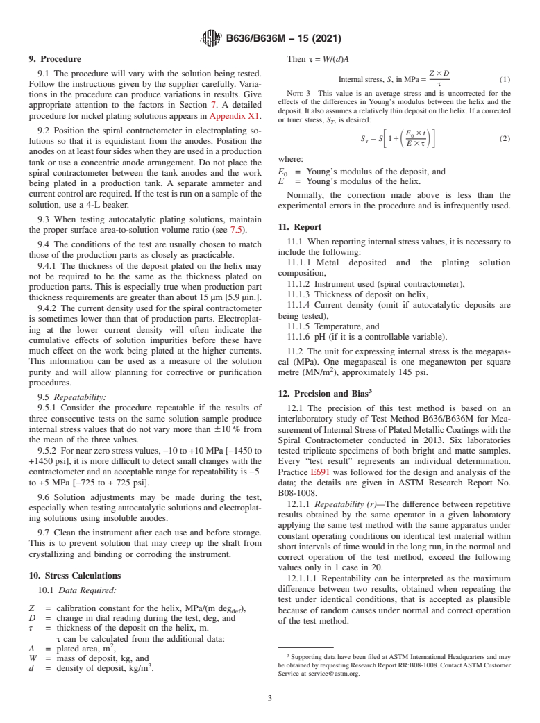 ASTM B636/B636M-15(2021) - Standard Test Method for  Measurement of Internal Stress of Plated Metallic Coatings   with the Spiral Contractometer