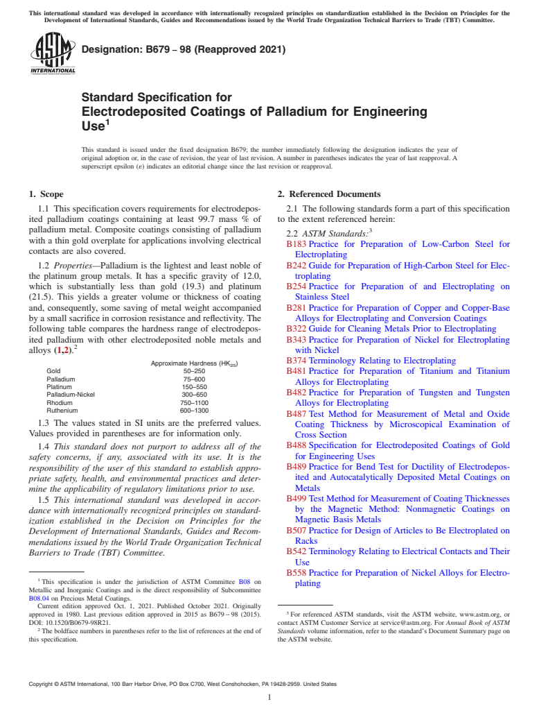 ASTM B679-98(2021) - Standard Specification for  Electrodeposited Coatings of Palladium for Engineering Use