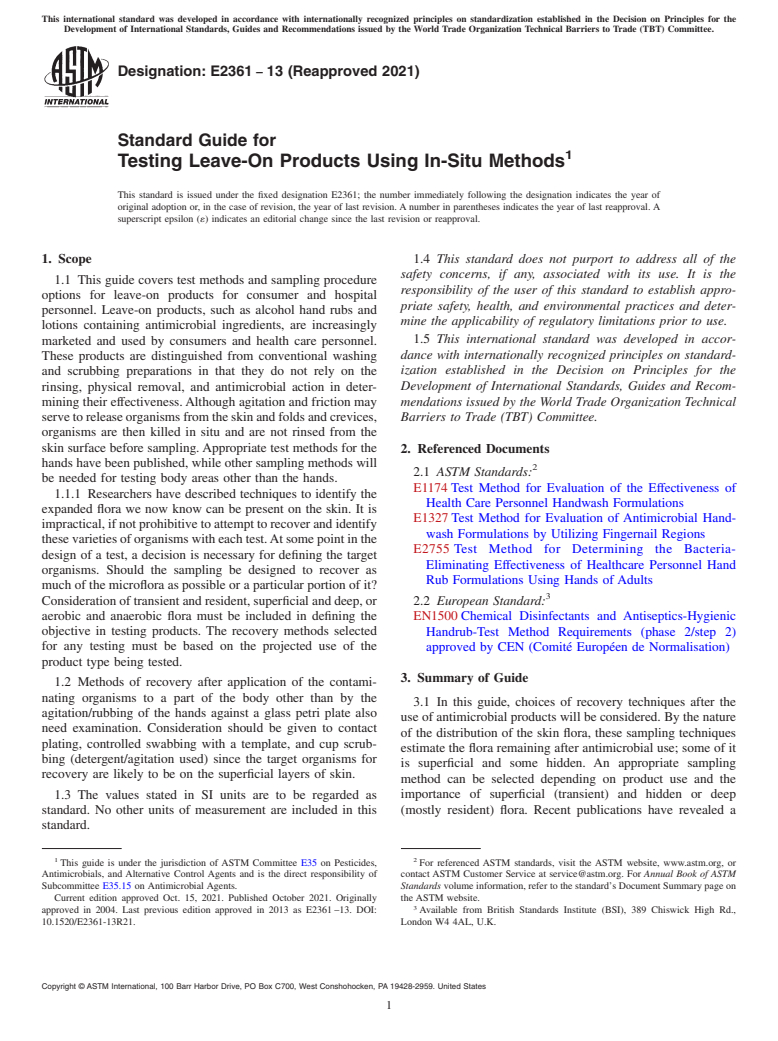 ASTM E2361-13(2021) - Standard Guide for  Testing Leave-On Products Using In-Situ Methods