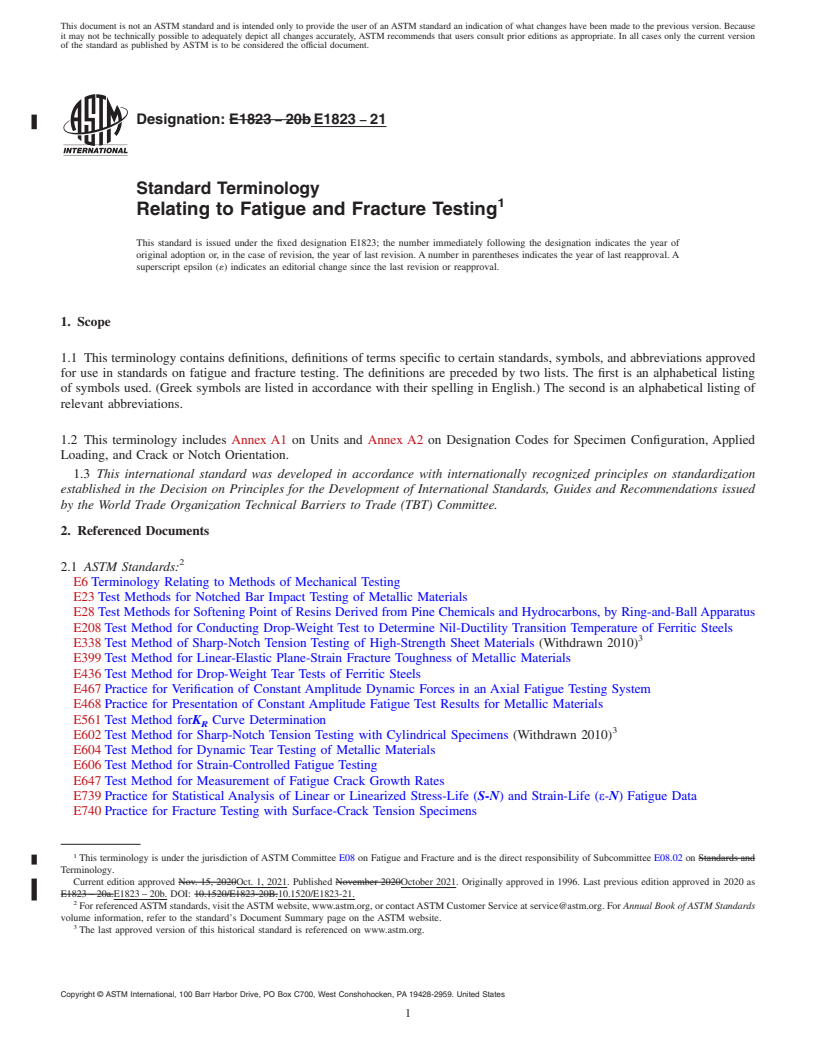 REDLINE ASTM E1823-21 - Standard Terminology  Relating to Fatigue and Fracture Testing