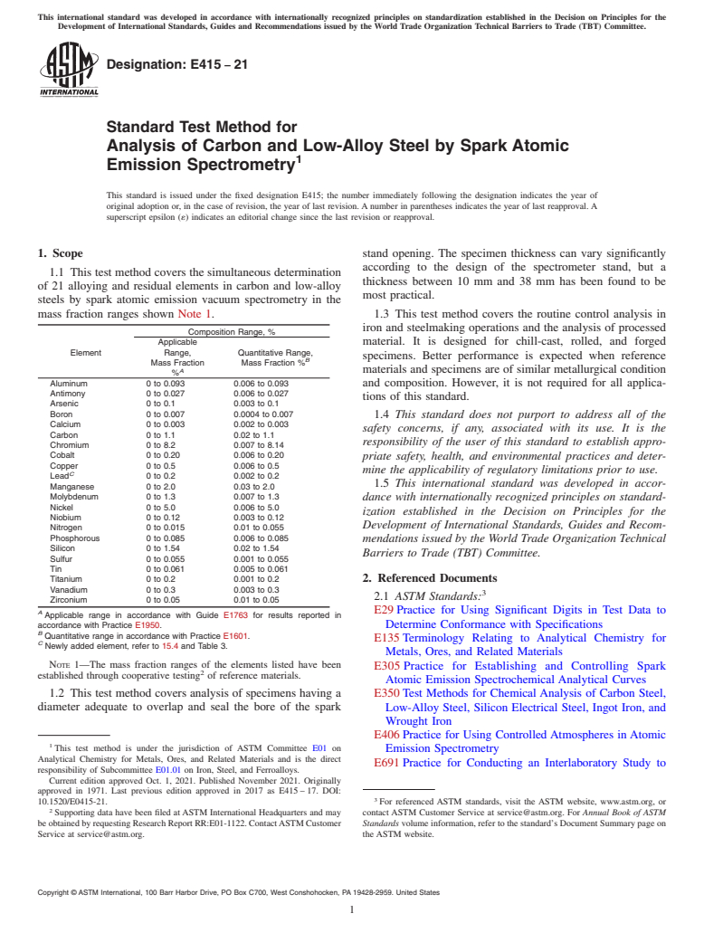 ASTM E415-21 - Standard Test Method for  Analysis of Carbon and Low-Alloy Steel by Spark Atomic Emission  Spectrometry