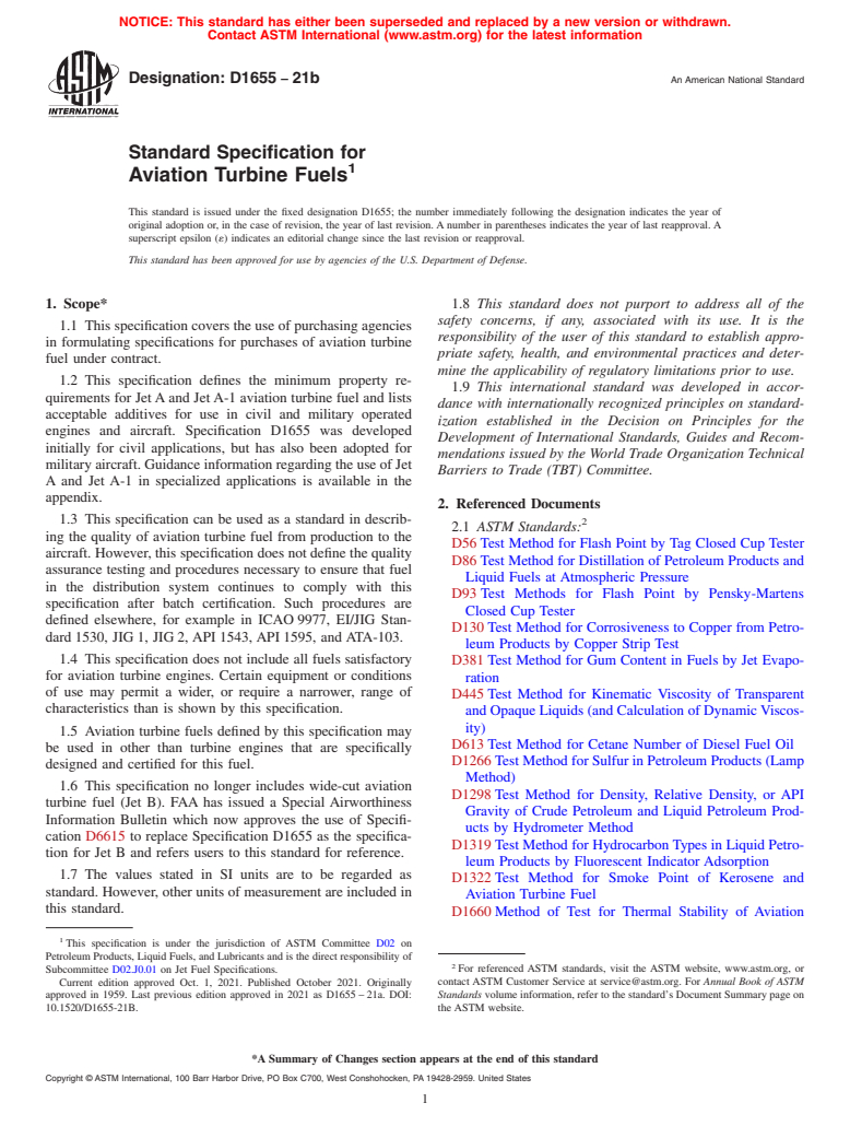 ASTM D1655-21b - Standard Specification for Aviation Turbine Fuels