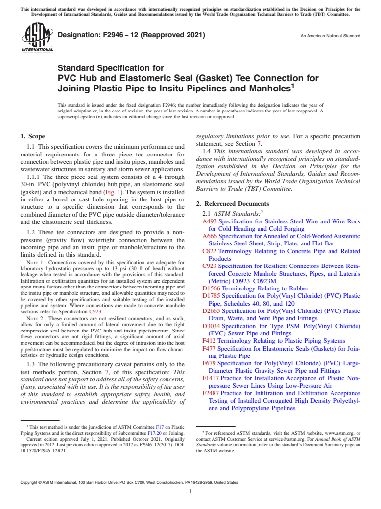 ASTM F2946-12(2021) - Standard Specification for PVC Hub and Elastomeric Seal (Gasket) Tee Connection for Joining  Plastic Pipe to Insitu Pipelines and Manholes