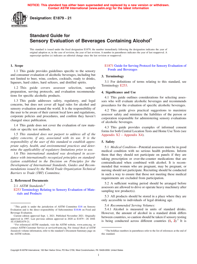 ASTM E1879-21 - Standard Guide for Sensory Evaluation of Beverages Containing Alcohol