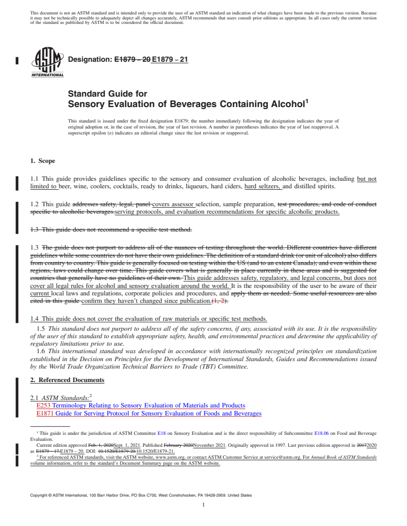 REDLINE ASTM E1879-21 - Standard Guide for Sensory Evaluation of Beverages Containing Alcohol