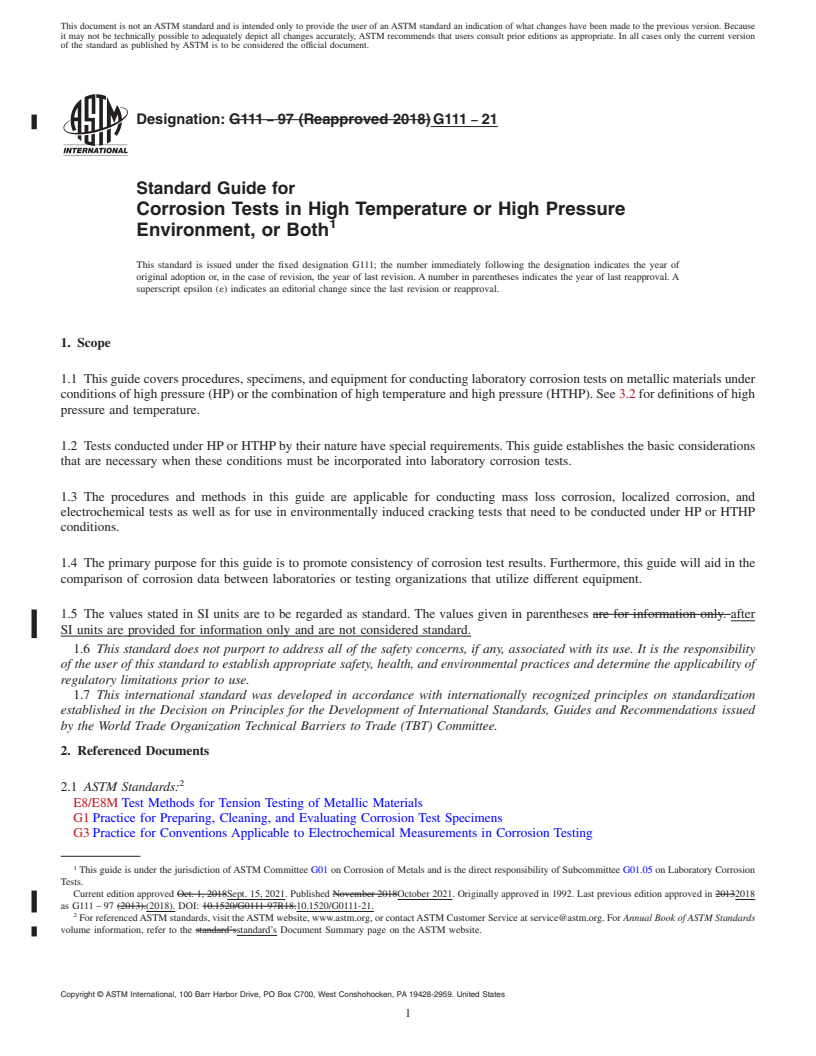 REDLINE ASTM G111-21 - Standard Guide for Corrosion Tests in High Temperature or High Pressure Environment,  or Both