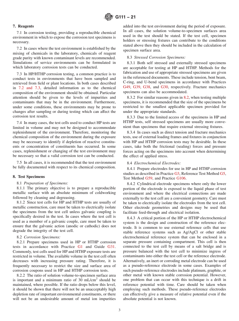 ASTM G111-21 - Standard Guide for Corrosion Tests in High Temperature or High Pressure Environment,  or Both