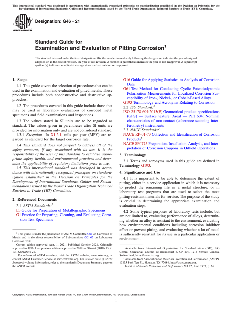 ASTM G46-21 - Standard Guide for Examination and Evaluation of Pitting Corrosion