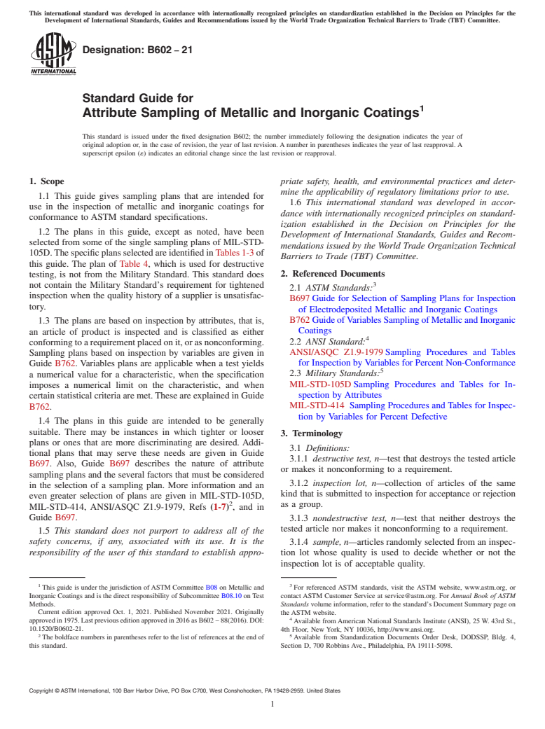 ASTM B602-21 - Standard Guide for  Attribute Sampling of Metallic and Inorganic Coatings