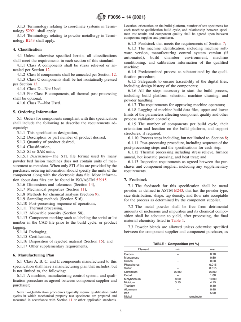 ASTM F3056-14(2021) - Standard Specification for Additive Manufacturing Nickel Alloy (UNS N06625) with Powder  Bed Fusion