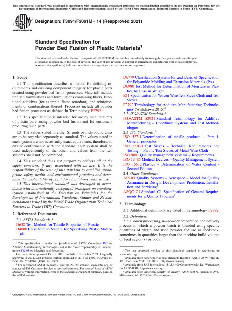 ASTM F3091/F3091M-14(2021) - Standard Specification for Powder Bed Fusion of Plastic Materials