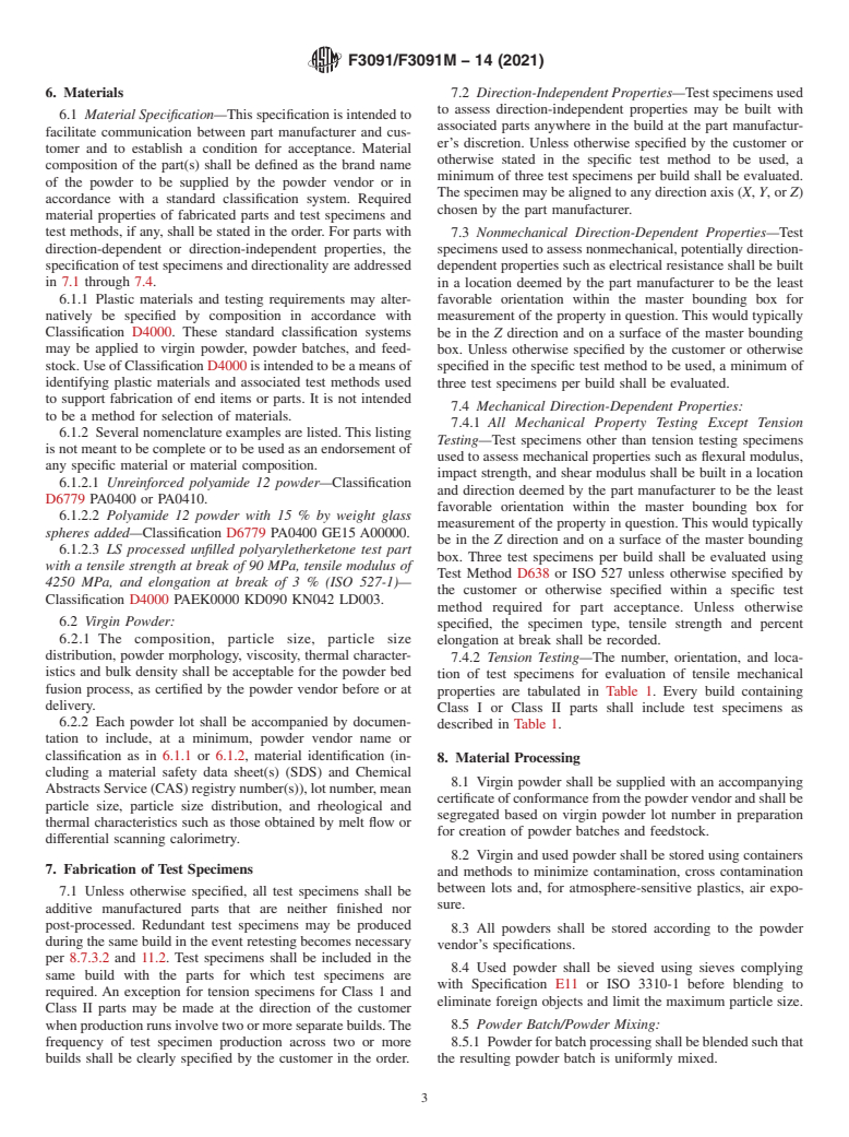 ASTM F3091/F3091M-14(2021) - Standard Specification for Powder Bed Fusion of Plastic Materials