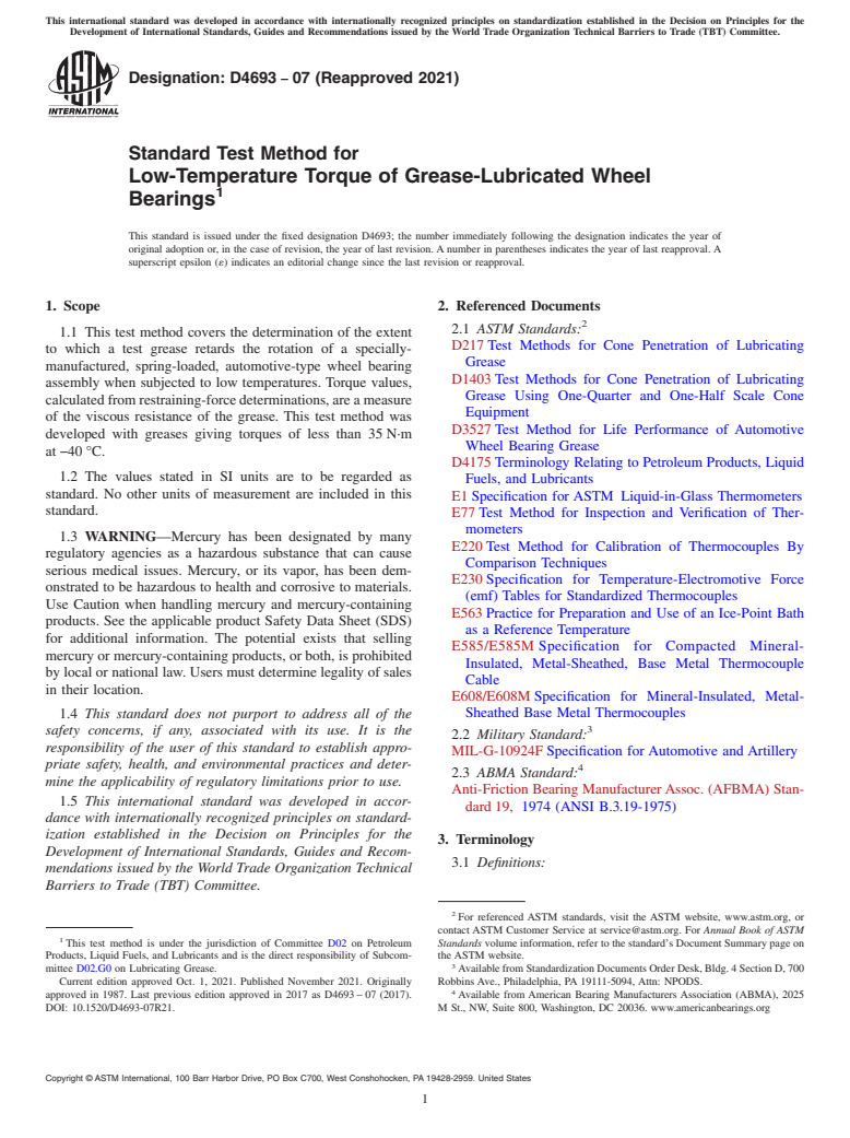 ASTM D4693-07(2021) - Standard Test Method for  Low-Temperature Torque of Grease-Lubricated Wheel Bearings