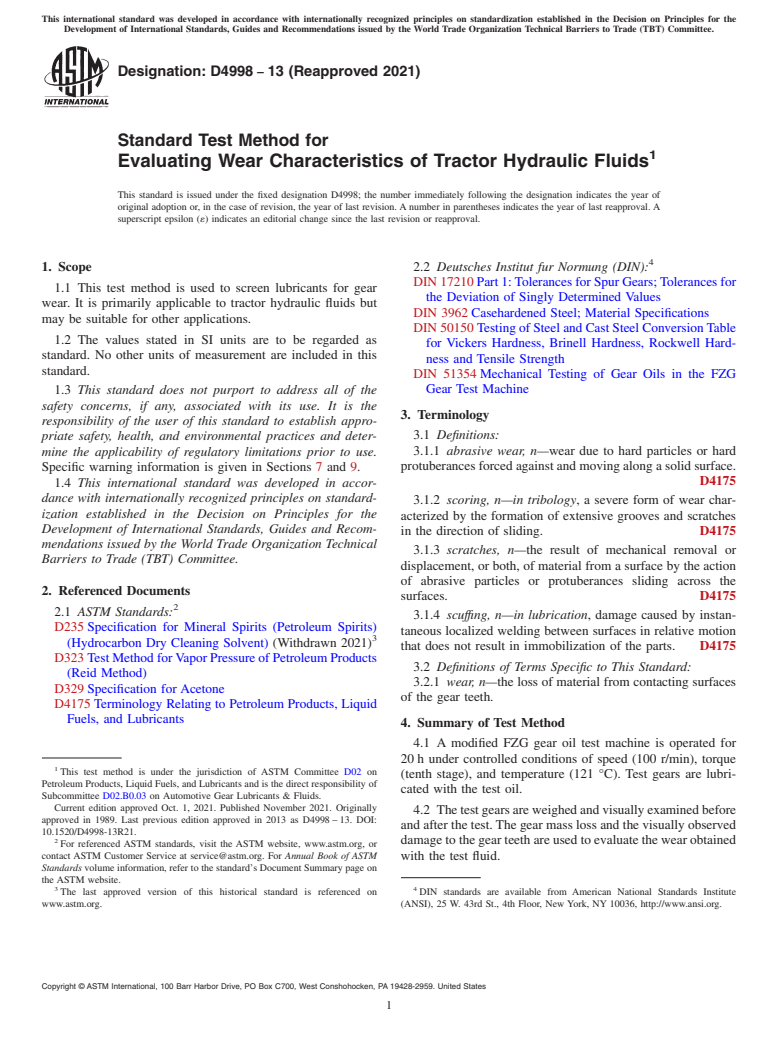 ASTM D4998-13(2021) - Standard Test Method for  Evaluating Wear Characteristics of Tractor Hydraulic Fluids