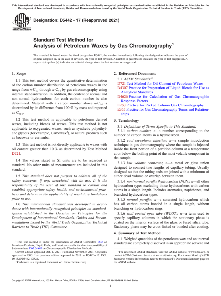 ASTM D5442-17(2021) - Standard Test Method for  Analysis of Petroleum Waxes by Gas Chromatography