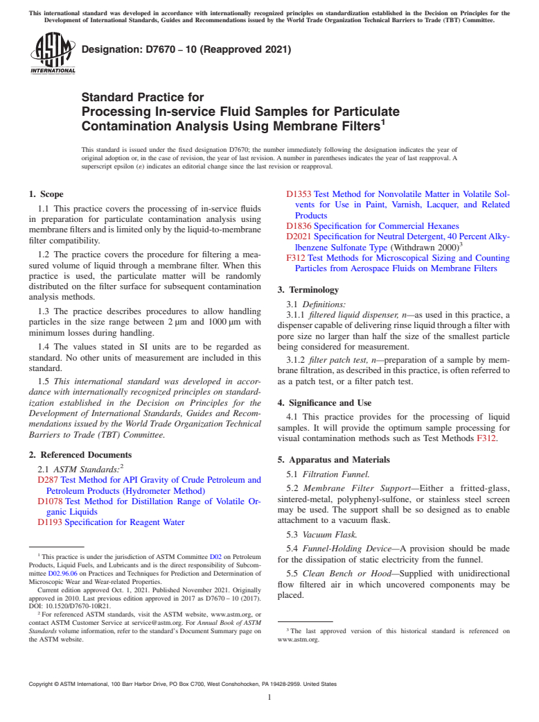 ASTM D7670-10(2021) - Standard Practice for  Processing In-service Fluid Samples for Particulate Contamination  Analysis Using Membrane Filters