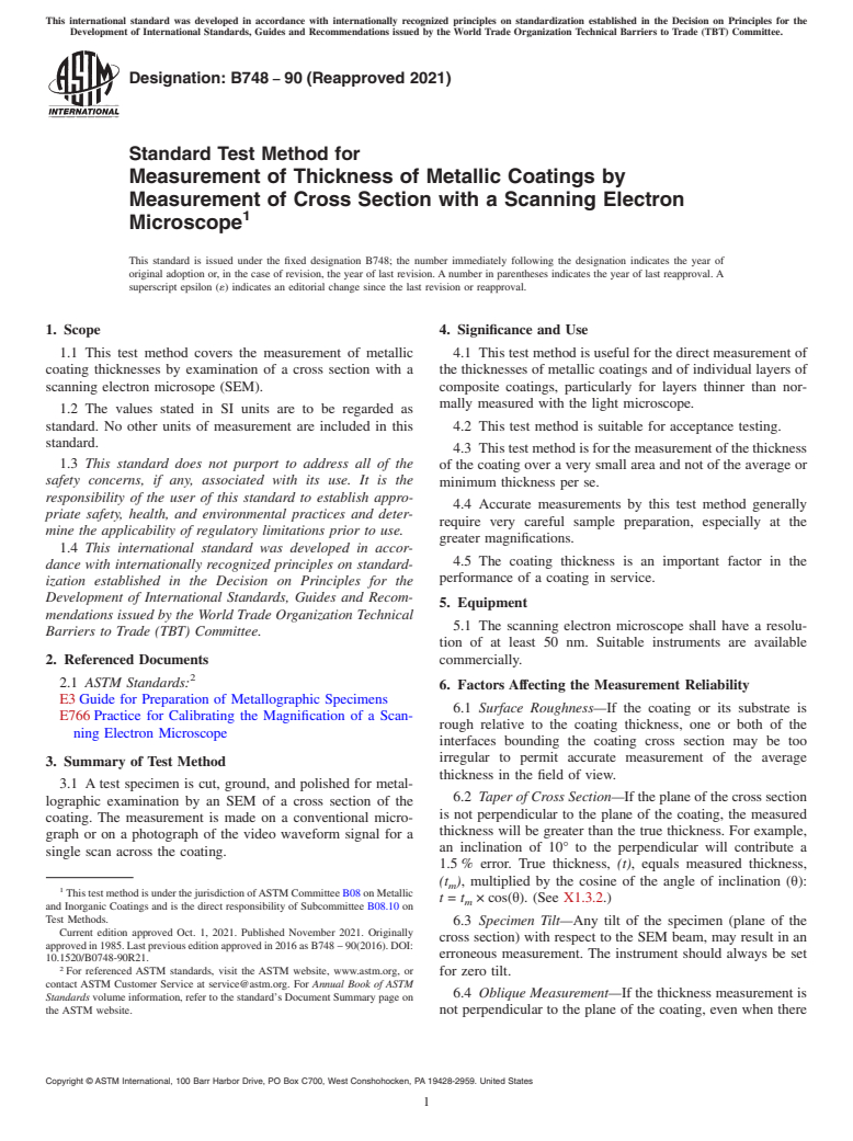 ASTM B748-90(2021) - Standard Test Method for  Measurement of Thickness of Metallic Coatings by Measurement   of Cross Section with a Scanning Electron Microscope