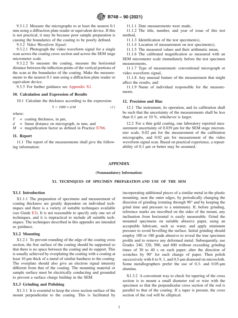 ASTM B748-90(2021) - Standard Test Method for  Measurement of Thickness of Metallic Coatings by Measurement   of Cross Section with a Scanning Electron Microscope