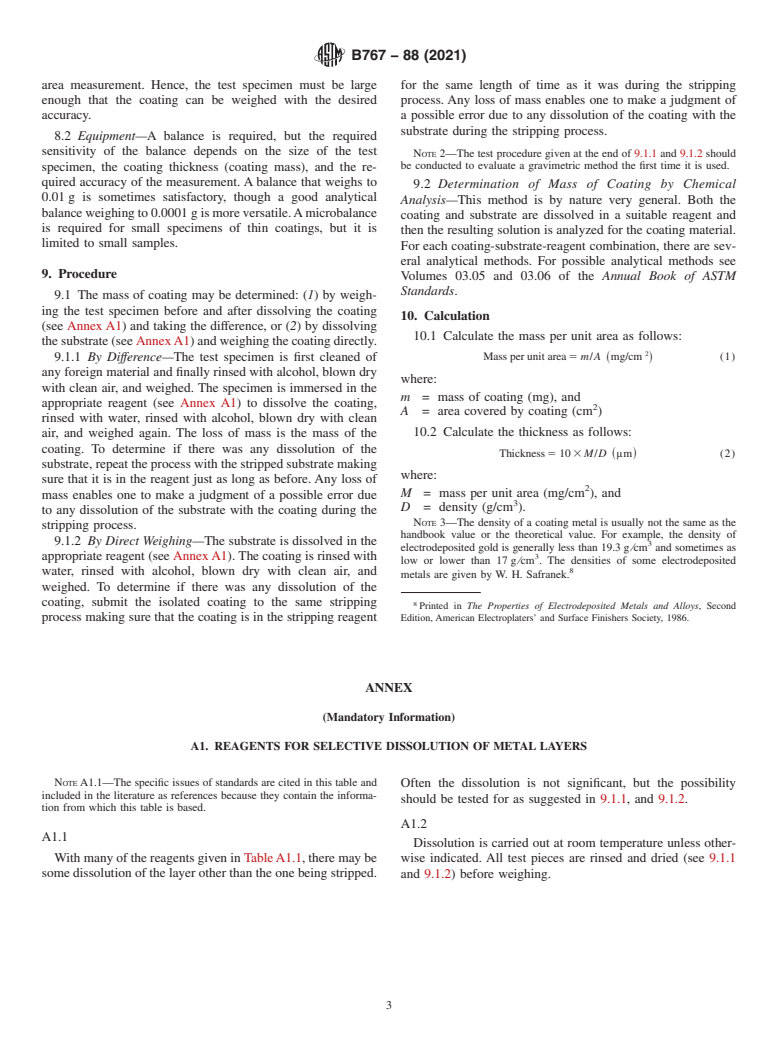 ASTM B767-88(2021) - Standard Guide for  Determining Mass Per Unit Area of Electrodeposited and Related  Coatings by Gravimetric and Other Chemical Analysis Procedures