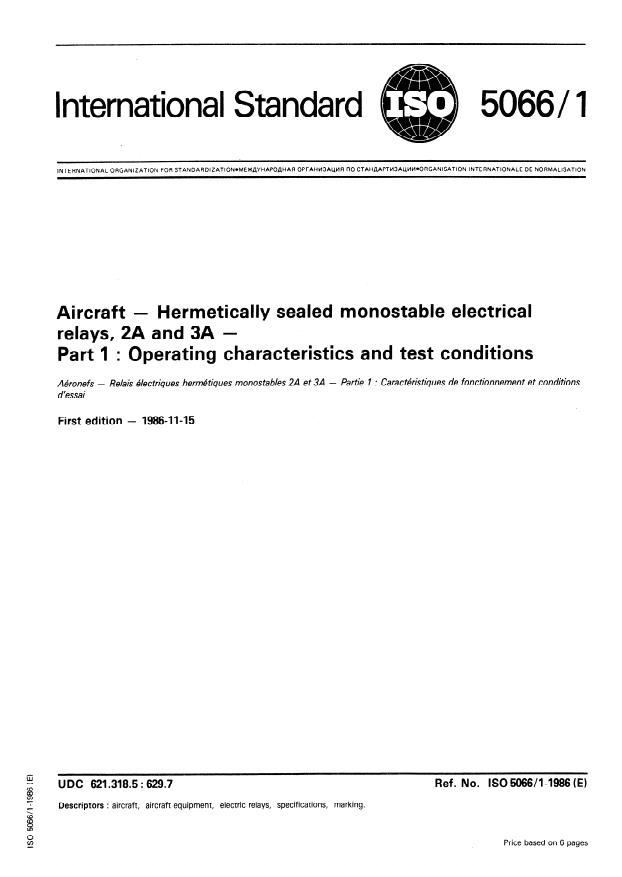 ISO 5066-1:1986 - Aircraft -- Hermetically sealed monostable electrical relays, 2A and 3A