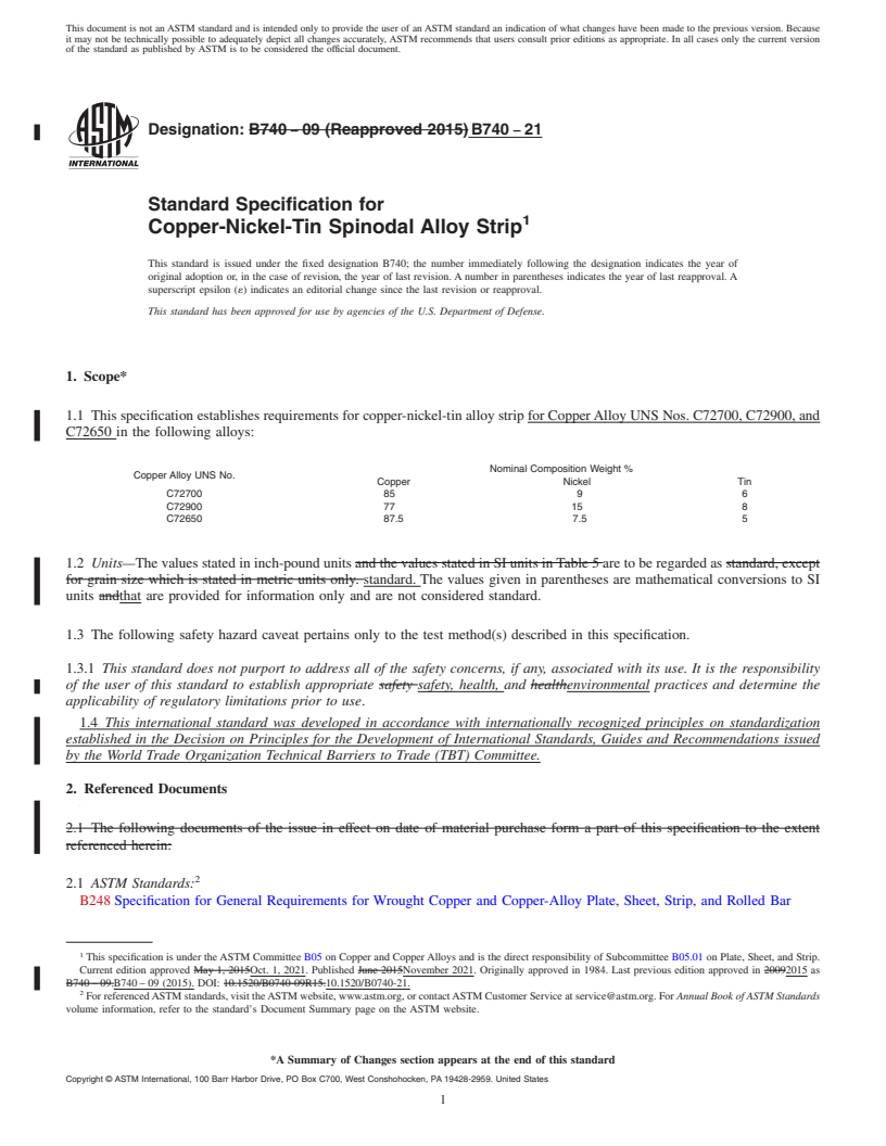 REDLINE ASTM B740-21 - Standard Specification for Copper-Nickel-Tin Spinodal Alloy Strip
