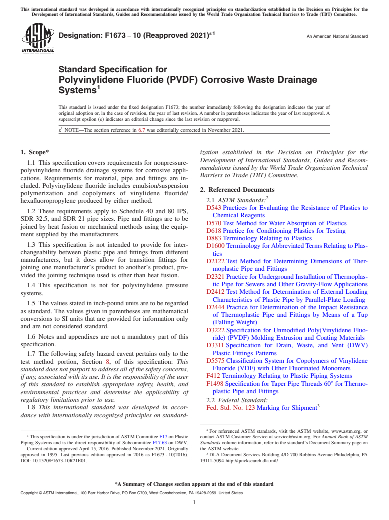 ASTM F1673-10(2021)e1 - Standard Specification for  Polyvinylidene Fluoride (PVDF) Corrosive Waste Drainage Systems