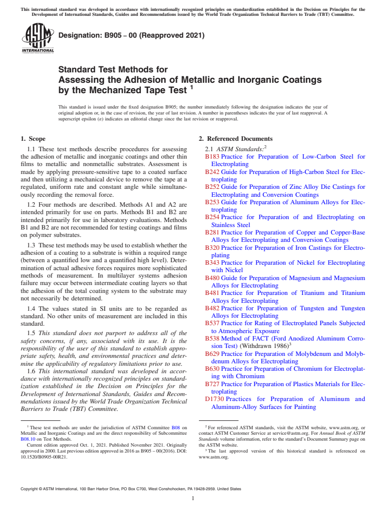 ASTM B905-00(2021) - Standard Test Methods for  Assessing the Adhesion of Metallic and Inorganic Coatings by   the Mechanized Tape Test