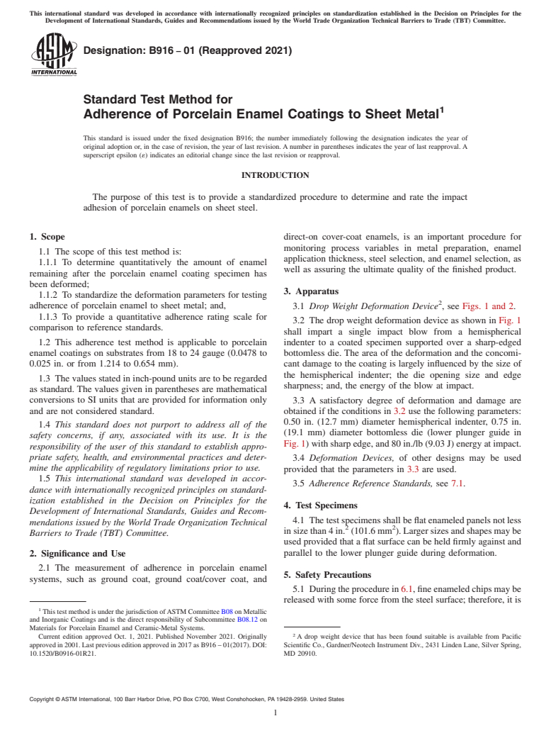 ASTM B916-01(2021) - Standard Test Method for Adherence of Porcelain Enamel Coatings to Sheet Metal